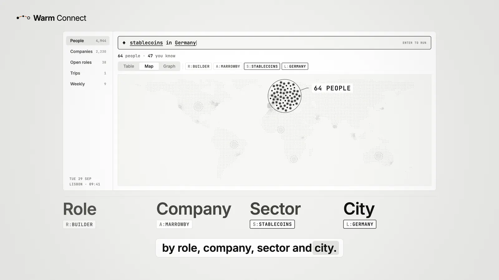 A frame from the Warm Connect film: the map view filtered to stablecoins in Germany.